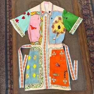 ALÉMAIS Women Playing Card Patchwork Linen Silk Mini Shirt Dress Multi US 2 AU 6